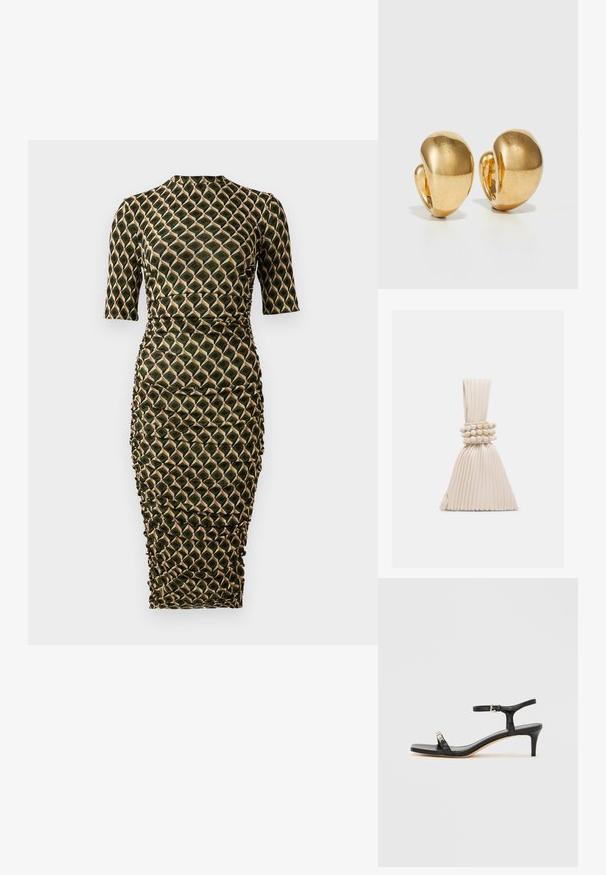 Tætsiddende knælang kjole med trekvartærmer, høj halsudskæring, draperede sider og grøn, sort og beige geometrisk diamantmønster.; Sort læder sandal med hæl og ankelrem, åben tå, firkantet front og sølvfarvede metalaccenter. Figurformet design med en slank profil.; Lille plisseret beige håndtaske med et knyttet håndtag og tre runde perlearmbånd viklet omkring midten.; Guldtonsøreringe med et glat, afrundet design og poleret finish. Har en clip-on stil for nem påføring.