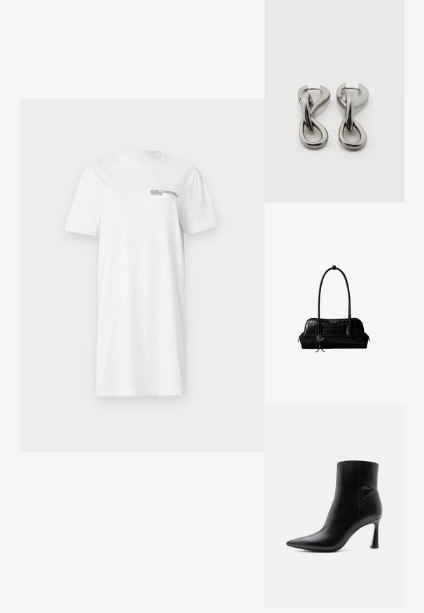 Witte katoenen t-shirt jurk met een ronde hals, korte mouwen en een klein zwart merklogo op de linkerborst.; Zwarte leren enkellaars met puntige neus en smalle, hoge naaldhak, getoond in zijaanzicht op een witte achtergrond.; Zwarte schoudertas van leer met krokodillenstructuur, lange banden en een klein zilveren logohanger aan één band.; Set zilverkleurige metalen oorbellen met een abstract ontwerp van in elkaar grijpende lussen op een witte achtergrond.
