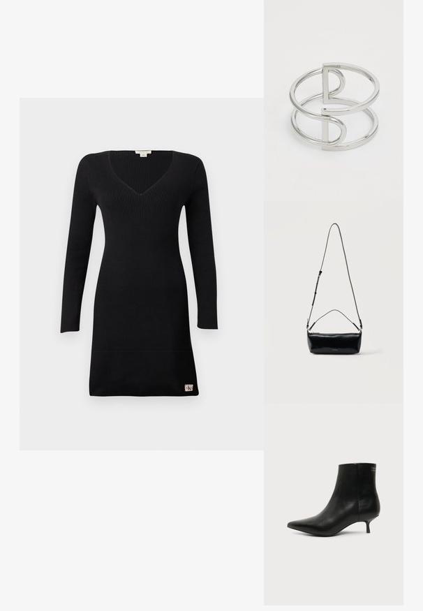 Robe noire en maille côtelée avec manches longues, encolure en V, et une petite étiquette de marque près de l'ourlet sur un fond clair uni.; Bottine en cuir noir avec bout pointu et petit talon kitten sur fond clair, vue côté extérieur.; Sac bandoulière rectangulaire en cuir noir avec bandoulière ajustable, fermeture éclair sur le dessus et petit logo Calvin Klein doré sur le devant.; Bracelet en métal argenté avec un design à double boucle, fini lisse et brillant, et un accent géométrique minimaliste.