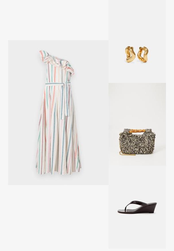 Vestido de una sola manga a rayas con cuello volado, que presenta rayas verticales en colores pastel, cintura ceñida con cinturón a juego y falda fluida.; Sandalia de cuña de charol marrón con tira entre los dedos y punta abierta, mostrada de perfil sobre un fondo liso.; Bolso tejido con un patrón texturizado en negro y crema, asa de bambú y una correa de cadena dorada removible. Forma rectangular compacta.; Pendientes de aro en tono dorado con un diseño ondulado, que presentan una superficie lisa y brillante y una forma aerodinámica. Sin cierres visibles.