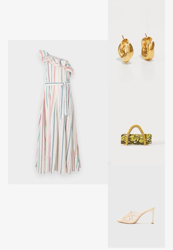 Gestreiftes Ein-Schulter-Kleid mit gerafftem Ausschnitt, vertikalen Streifen in Pastellfarben, tailliert mit passendem Gürtel und fließendem Rock.; Beige High Heels mit einem Riemen-Design. Sie verfügen über eine quadratische Spitze, eine glatte Oberfläche und einen schlanken Absatz mit einem goldenen Akzent an der Basis.; Rechteckige Tasche mit gelbem und schwarzem Blumenmuster und geflochtenem gelb-pinkem Griff auf weißem Hintergrund.; Fette goldene Creolen mit einem leicht verdrehten, röhrenförmigen Design und Steckverschlüssen auf einem weißen Hintergrund.