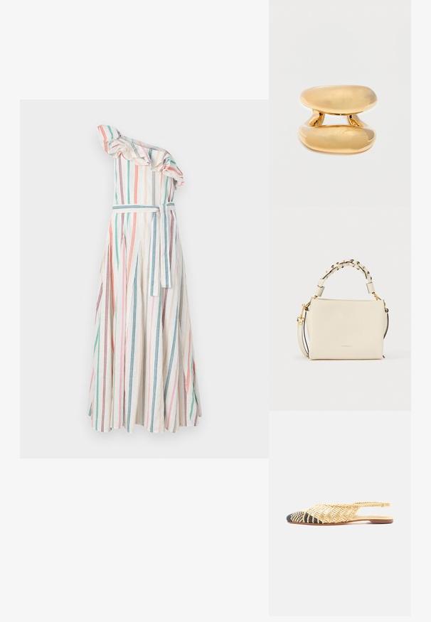 Stribet one-shoulder kjole med flæsekrave, prydet med lodrette striber i pastelfarver, indsnøret talje med matchende bælte og svævende nederdel.; Flad vævet slingback-sko med spids tå, der har et beige og sort ternet mønster på tåen og naturligt stråfarvet væv på kroppen.; Cremefarvet læderhåndtaske med flettet top-håndtag, aftagelig skulderrem og hardware i guldfarve, "Coccinelle"-logo foran i midten.; Skinnende glat guldring med et tykt, afrundet dobbeltbånd-design og en åben sprække mellem båndene på en hvid baggrund.