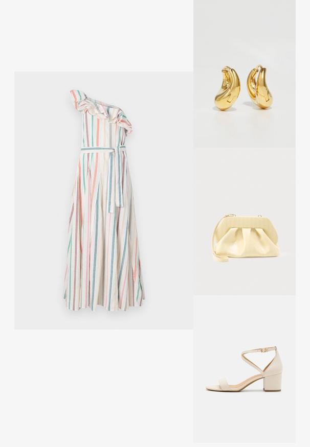 Gestreiftes Ein-Schulter-Kleid mit gerafftem Ausschnitt, vertikalen Streifen in Pastellfarben, tailliert mit passendem Gürtel und fließendem Rock.; Beige Blockabsatzsandalen mit einem minimalistischen Design, offener Zehenpartie und verstellbarem Knöchelriemen mit einer goldenen Schnallenakzentuierung. Glatte Textur.; Beige-farbene Leder-Clutch mit einem festen oberen Rahmen und einem Handgelenkriemen, präsentiert vor einem schlichten hellen Hintergrund.; Goldene Creolen mit einer glatten, geschwungenen Form und polierter Oberfläche. Mit einem Verschlussmechanismus und leichten Einkerbungen für Details.