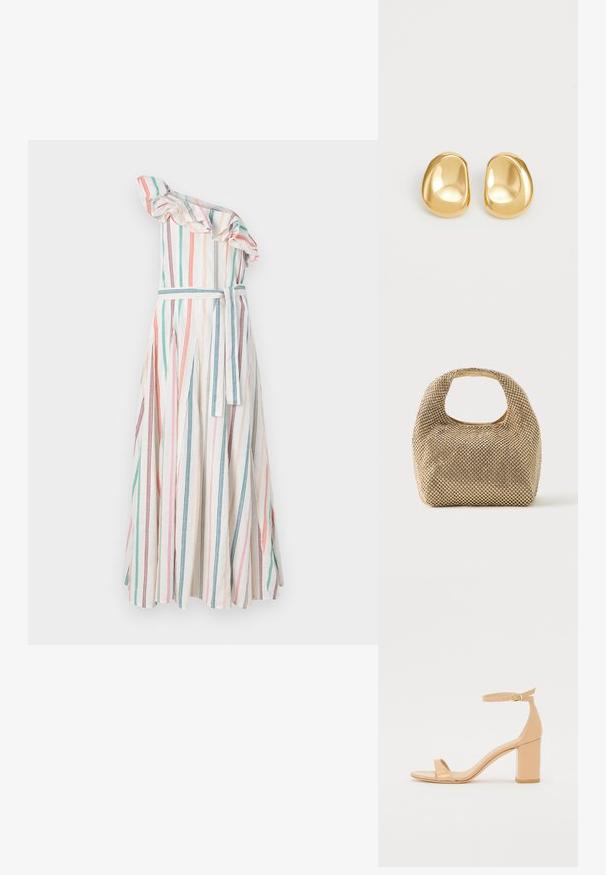 Stribet one-shoulder kjole med flæsekrave, prydet med lodrette striber i pastelfarver, indsnøret talje med matchende bælte og svævende nederdel.; Nude patenterede læderhælede sandaler med firkantet tå, ankelrem og en chunky blokhæle. Glat overflade og minimale designdetaljer.; Lille håndtaske i guldtone dækket af skinnende runde nitter med kort håndtag og rektangulært udskåret hul øverst.; Guldfarvede stud øreringe med en glat, rund form og en reflekterende overflade, der fremhæver et minimalistisk design uden synlige mønstre.
