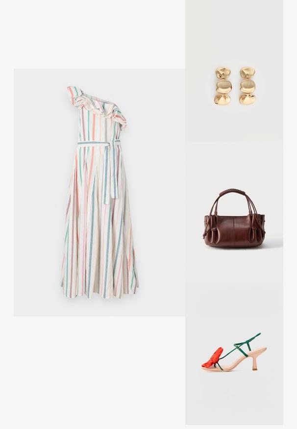 Robe une épaule rayée avec un col à volants, présentant des rayures verticales dans des couleurs pastel, taille cintrée avec une ceinture assortie, et jupe fluide.; Loeffler Randall FRANK - Sandales classiques / Spartiates - nude/green/red; Sac à main en cuir marron avec côtés froncés, double poignée supérieure et finition douce légèrement texturée sur un fond uni.; Boucles d’oreilles pendantes ton or avec trois segments irréguliers, lisses et arrondis empilés verticalement sur un fond clair uni.