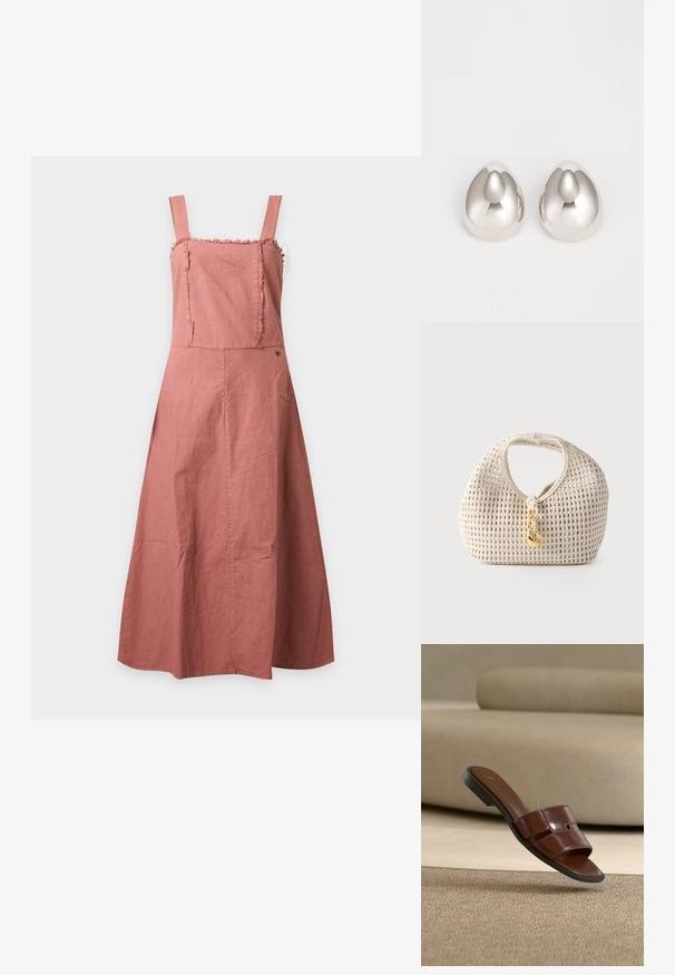 Robe midi rose poudré sans manches avec encolure carrée, bordure effilochée sur le corsage et jupe à ligne A, posée à plat sur fond blanc.; Sandale à enfiler en cuir marron avec un design ajouré sur un tapis beige texturé devant un canapé de couleur neutre.; Sac à main tressé de couleur crème, forme arrondie, poignée courte et fermoir décoratif doré suspendu au centre devant.; Boucles d'oreilles en métal argenté avec un design lisse et arrondi ressemblant à la forme d'une goutte d'eau, présentant une surface réfléchissante et une finition sans couture.