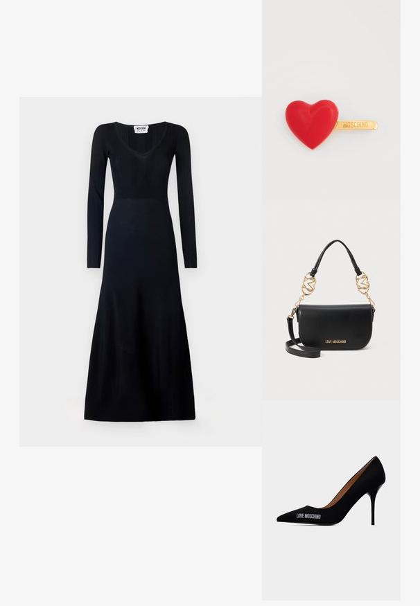 Langärmliges schwarzes Kleid mit tailliertem Oberteil und V-Ausschnitt. Gerippte Textur im oberen Bereich, glatter Stoff im Rock, bodenlang.; Schwarzer spitzer Stiletto-Absatz mit dem Schriftzug "LOVE MOSCHINO" an der Außenseite und einem glatten Schlupfdesign.; Schwarze Leder-Schultertasche mit geschwungener Form, goldenen Hardware-Details und einem Logo auf der Vorderseite. Verfügt über einen abnehmbaren Schulterriemen und dekorative Anhänger.; Roter, herzförmiger Haarklammer mit glänzendem Finish, versehen mit einem goldfarbenen Metallclip, der mit "Moschino" graviert ist. Strukturierte Oberfläche und glatte Kanten.