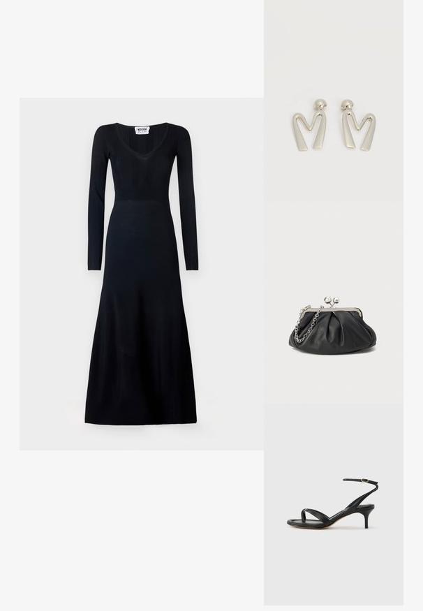 Langärmliges schwarzes Kleid mit tailliertem Oberteil und V-Ausschnitt. Gerippte Textur im oberen Bereich, glatter Stoff im Rock, bodenlang.; Schwarze Ledersandale für Damen mit dünnen Riemchen, einer Zehenlasche, einer Knöchelschnalle und einem mittelhohen Stöckelabsatz vor neutralem Hintergrund.; Schwarze Leder-Clutch mit geraffter Textur, silberfarbener Metallrahmen, Druckverschluss und Kettenriemen. Glatte, weiche Oberfläche.; Paar silberfarbene Metallohrringe in Form des kantigen Buchstabens M mit abgerundeten Stegen auf weißem Hintergrund.
