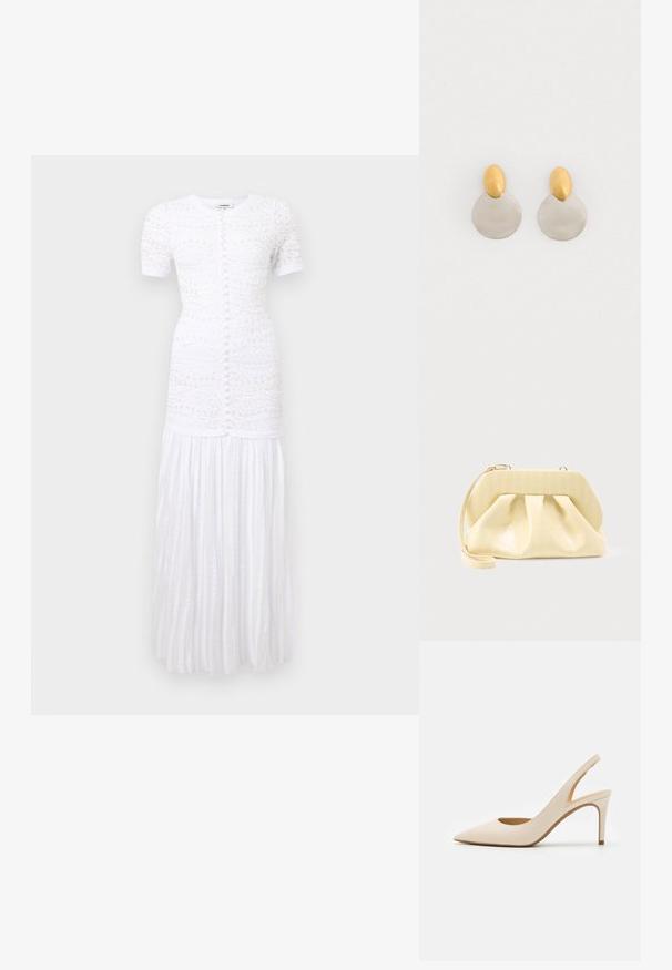Robe maxi blanche à manches courtes avec fermeture à boutons à l'avant, broderie florale texturée sur le corsage, et détails de jupe plissée.; Escarpin slingback en cuir beige avec un bout pointu et un talon haut fin. Présente une découpe au talon et une finition lisse.; Pochette en cuir couleur crème avec un cadre supérieur structuré et une lanière pour poignet, présentée sur un fond clair uni.; Boucles d'oreilles en métal doré et argenté avec une base en disque rond et une pièce supérieure ovale, texture lisse et finition polie.