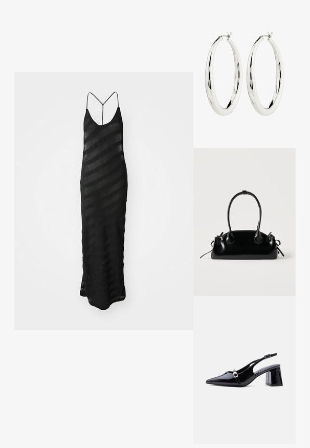 Vestido maxi negro con escote en V y tirantes finos. Confeccionado en tela transparente con rayas horizontales de opacidad variable. Abertura en la parte inferior.; Zapato de mujer tipo slingback de charol negro con punta afilada, tacón bajo y cuadrado, y dos hebillas pequeñas plateadas en las correas.; Pequeño bolso negro brillante con dos asas largas y detalles de cordón lateral sobre un fondo claro liso.; Pendientes de aro de plata con una superficie lisa y reflectante. Forma redonda y grande con un cierre seguro en la parte superior. El acabado pulido resalta el brillo.