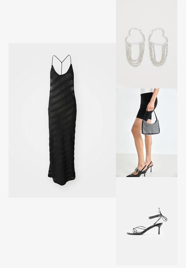 Vestido maxi negro con escote en V y tirantes finos. Confeccionado en tela transparente con rayas horizontales de opacidad variable. Abertura en la parte inferior.; Sandalia negra de tacón alto con tiras y lazos delgados en el tobillo, con tacón stiletto de altura media sobre un fondo blanco.; Bolso de cuentas negras con una silueta curva, asa de transporte y textura brillante. Llevado con zapatos de tacón altos negros y pantalones cortos negros ajustados.; Pendientes de aro plateados en forma de corazón, con hebras en cascada de strass transparentes que aportan un brillo y textura adicionales.