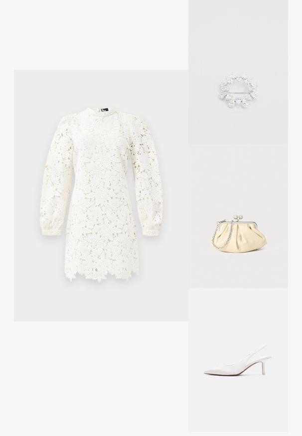 Robe en dentelle blanche avec des motifs floraux, des manches longues bouffantes, un col haut et un ourlet festonné pour plus de détails.; Chaussure pour femme en cuir blanc avec bride arrière, bout pointu, petit talon kitten bas et petit nœud décoratif sur le dessus, vue de profil latéral.; Pochette en cuir beige plissé avec un cadre en métal argenté, dotée de deux fermoirs ronds décoratifs et d'une chaîne en argent.; Broche circulaire avec plusieurs cristaux en forme de poire transparents, montés sur une base en métal argenté, dotée d'une attache épingle à l'arrière.