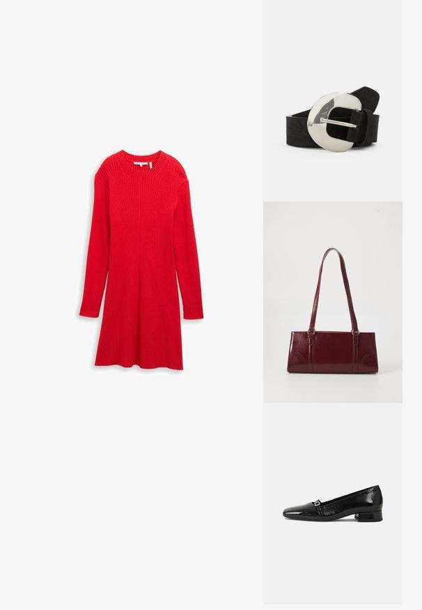 Robe en tricot rouge à manches longues, présentant une texture côtelée et des détails de couture diagonaux. Ourlet plus court sur les côtés. Encolure ronde classique.; Ballet flats en cuir verni noir avec un bout pointu, un petit talon carré et un détail de boucle métallique sur la sangle. Texture lisse.; Sac à main bordeaux en matériau brillant, de forme rectangulaire, avec deux anses et des accents légèrement courbés à l'avant.; Ceinture en daim noir avec une grande boucle ovale en argent poli et une finition texturée. Présente un design classique avec un fermoir standard.