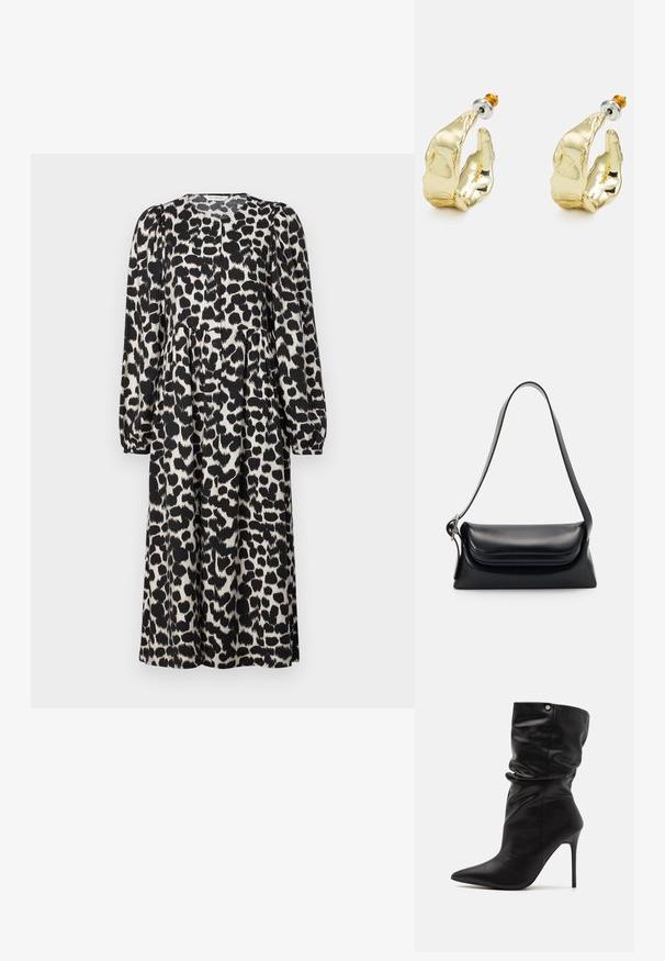 Šaty s dlhým rukávom v čiernobielom leopardom vzore, s vysokým golierom a zberaným pásom pre uvoľnený siluetu.; Even&Odd Wide Fit by Zalando Členkové čižmy na vysokom opätku - black; Čierna kožená kabelka so štruktúrovaným tvarom, hladkou textúrou a jedným ramenným popruhom. Obsahuje jemný, zaoblený dizajn klapky.; Náušnice v zlatej farbe v tvare abstraktných rúk, s lesklým povrchom, zložitými detailmi a strieborným a zlatým podstavcom pre bezpečné upevnenie.