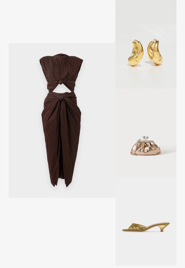 Vestido marrón con pliegues que presenta una sección recortada en la cintura, con un diseño anudado en los hombros y en la parte inferior de la cintura, silueta estructurada.; Zapato mule dorado con tiras, puntera abierta, tacón bajo tipo kitten y diseño anudado sobre fondo blanco liso.; Pequeño bolso clutch metálico dorado con cierre plateado y cadena en un fondo claro y liso.; Pendientes de aro de oro con forma curva y suave, y acabado pulido. Presentan un mecanismo de cierre y ligeras indentaciones para un toque de detalle.