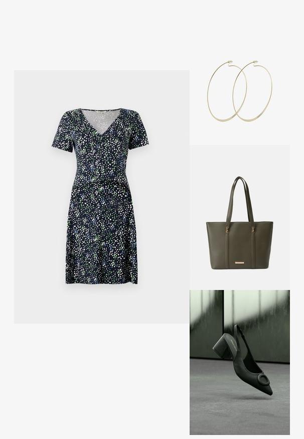 Kjole med korte ærmer i marineblå med et flerfarvet prikmønster. Har V-hals og tætsiddende talje, lavet af letvægtsstof.; Sort læder slingback højhælede sko med spids tå og rund spænde, placeret mod en grå gulv og sløret baggrund.; Olivengrøn tote bag i tekstureret materiale med to lange håndtag, prydet med hardware i guldfarve og en guldlogo-plade på fronten.; Pilgrim Øreringe - gold-coloured