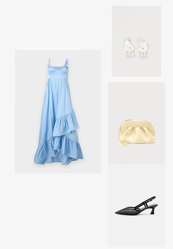 Robe bleu clair sans manches avec un buste ajusté, des bretelles réglables et un ourlet asymétrique à volants.; Chaussure slingback noire à bout pointu avec tige en mesh, fines brides, boucle dorée et petit talon incurvé sur fond blanc.; Pochette en cuir couleur crème avec un cadre supérieur structuré et une lanière pour poignet, présentée sur un fond clair uni.; Boucles d'oreilles en résine transparente en forme de coquillage avec de petits accents dorés et trois breloques translucides en forme de goutte pendantes sur chaque boucle d'oreille.
