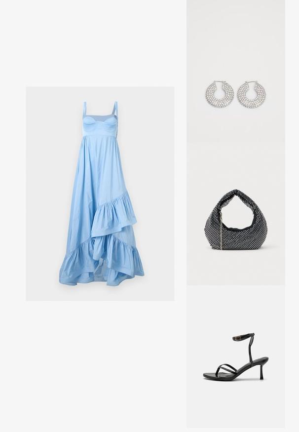Robe bleu clair sans manches avec un buste ajusté, des bretelles réglables et un ourlet asymétrique à volants.; Sandales à talons hauts noires avec un design à fines lanières, texture lisse, boucle à la cheville et bout pointu. Détail de bride de cheville ajustable.; Sac à main en maille noire orné de clous en argent, avec une poignée incurvée et une bandoulière en chaîne. Texture douce avec une forme arrondie.; Boucles d'oreilles en argent en forme de créoles ornées de multiples embellissements en cristal transparent, présentant une surface texturée et un design circulaire ouvert.