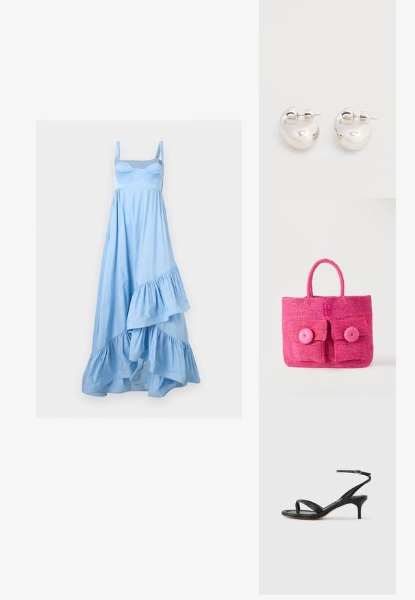 Robe bleu clair sans manches avec un buste ajusté, des bretelles réglables et un ourlet asymétrique à volants.; Sandale pour femme en cuir noir avec fines lanières, une boucle d'orteil, une boucle à la cheville et un talon aiguille de hauteur moyenne sur un fond neutre.; Sac à main tissé rose vif avec deux poches avant, de grands boutons ronds et une poignée arrondie unique sur un fond clair uni.; Paire de boucles d'oreilles argentées brillantes et épaisses avec fermoirs à tige, sur fond blanc uni.