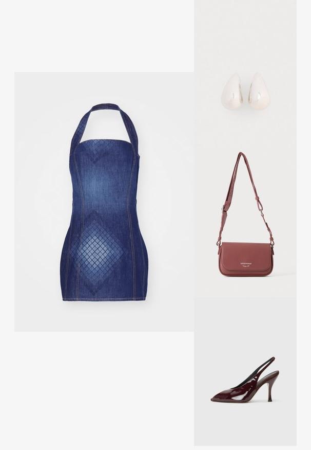 Donkerblauwe denim halterjurk met een getailleerd ontwerp en een ruitpatroon aan de voorkant. Versterkt met contrasterende stiksels.; NEOUS HAMAL - Hoge hakken - dark chocolate; Kleine gestructureerde mauve leren crossbodytas met verstelbare riem en klepsluiting met gegraveerd zilverkleurig merklogo.; Zilveren metalen druppeloorbellen met een gladde, reflecterende oppervlakte en een druppelvorm, voorzien van een naadloos ontwerp en zonder zichtbare versieringen.