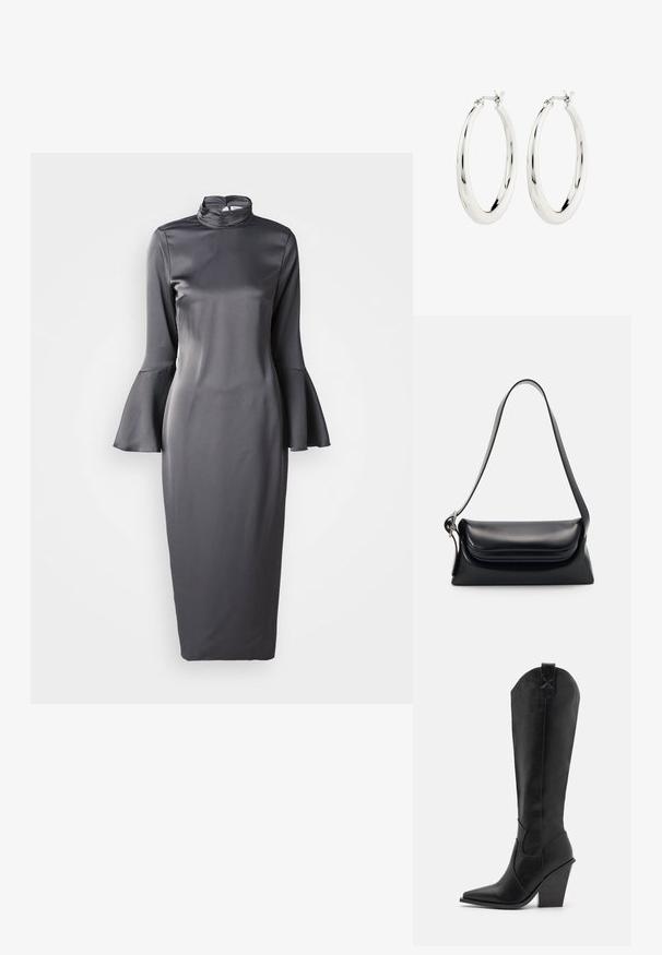 Grijze satijnen midi-jurk met een hoge hals, lange klokmouwen en een slank ontwerp, met een gladde textuur en een minimalistische stijl.; RAID SURREY - Cowboy-/Bikerlaarzen - black; Zwarte leren handtas met een gestructureerde vorm, een gladde textuur en een enkele schouderband. Heeft een subtiele, afgeronde klepontwerp.; Zilveren oorbellen in de vorm van een gladde, glanzende ring. Circulaire vorm, voorzien van een veilige sluiting. Eenvoudig en elegant ontwerp.