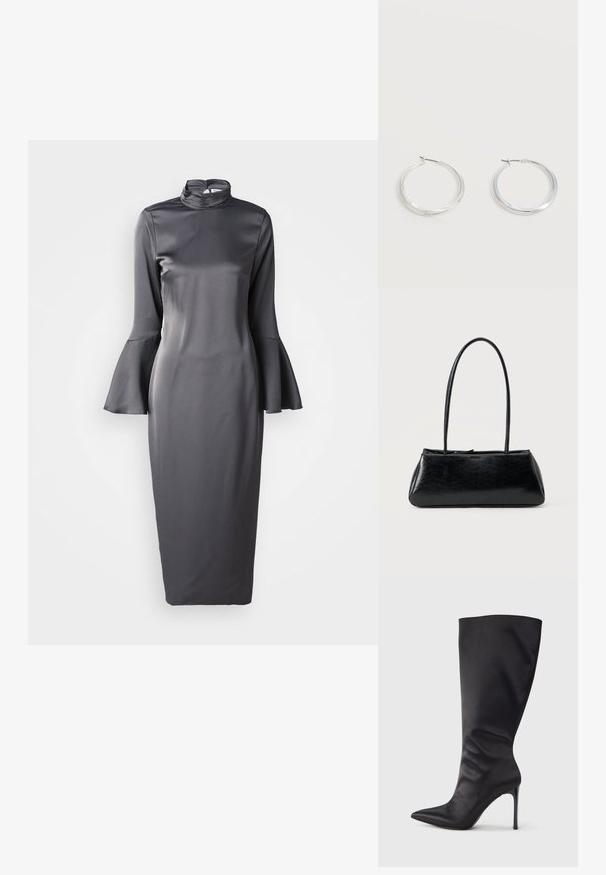 Grijze satijnen midi-jurk met een hoge hals, lange klokmouwen en een slank ontwerp, met een gladde textuur en een minimalistische stijl.; Zwarte kniehoge stiletto laars gemaakt van glad, glanzend materiaal; puntige neus; aansluitende pasvorm met subtiele plooien bij de enkel; glanzende hak.; Zwarte rechthoekige schoudertas met lange dunne banden en een gladde, glanzende textuur op een effen achtergrond.; Zilverkleurige metalen creolen oorbellen met een glad, licht gebogen oppervlak en sluitingen met haaksluiting op een effen witte achtergrond.