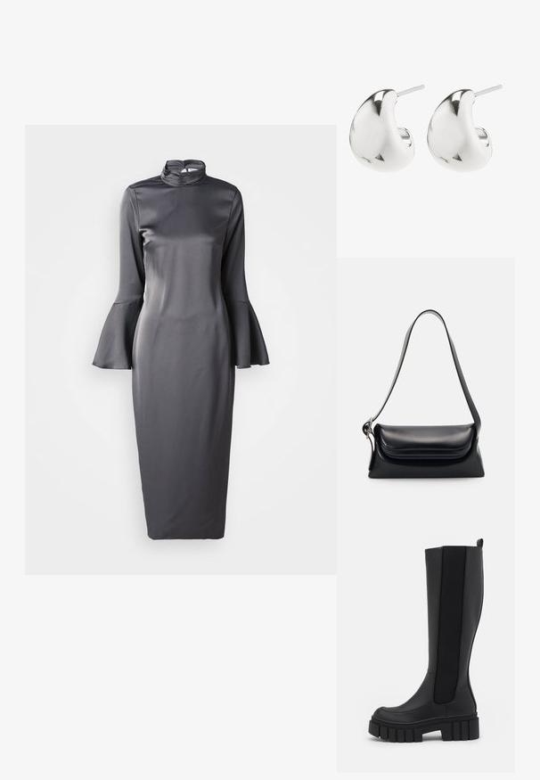 Vestido midi de satén gris con cuello alto, mangas largas de campana y un diseño ajustado, que presenta una textura suave y un estilo minimalista.; Botas negras hasta la rodilla, hechas de un material sintético liso, con paneles laterales elásticos, suela gruesa y texturizada, y diseño de punta redonda.; Bolso de piel negra con una forma estructurada, una textura suave y una sola correa para el hombro. Presenta un diseño de tapa sutil y redondeado.; Pendientes de plata en forma de tuerca con un diseño liso y curvado. Cuentan con un acabado pulido y un cierre de presión para un uso seguro.