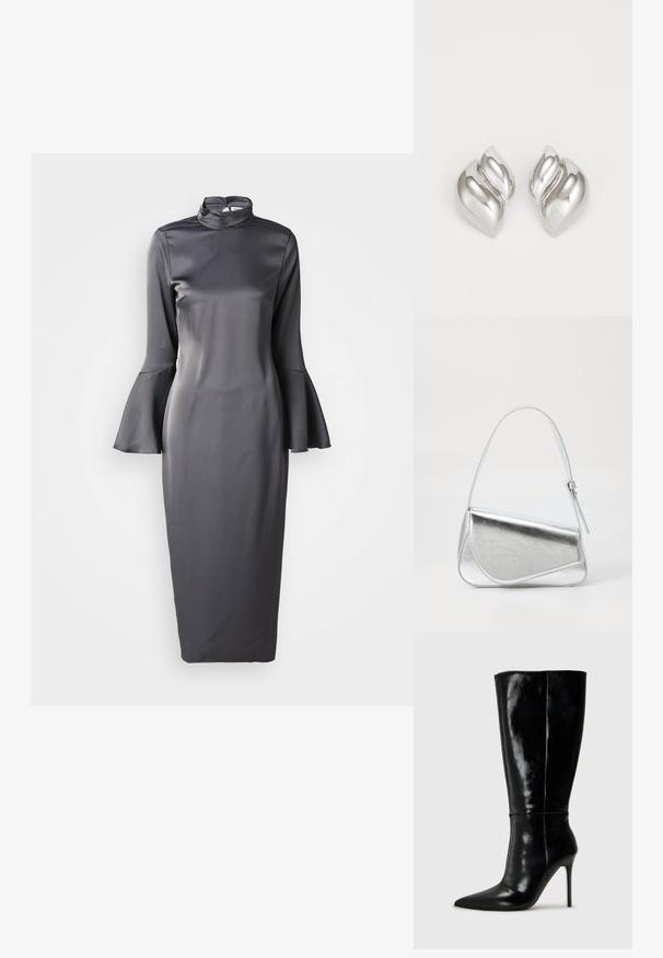 Grijze satijnen midi-jurk met een hoge hals, lange klokmouwen en een slank ontwerp, met een gladde textuur en een minimalistische stijl.; Zwarte leren kniehoge laarzen met een spitse neus en hoge stiletto hak. Soepele textuur en strak ontwerp, met minimale detailing.; Zilveren metalen handtas met een driehoekige vorm, gladde textuur en een dunne, verstelbare schouderriem. Kenmerkt zich door een omklapbaar ontwerp met stiksels.; Zilveren oorbellen met een organische, abstracte vorm. Gladde, glanzende oppervlakte met een taps toelopend ontwerp. Beschikken over subtiele rondingen en een centrale lijn detail.
