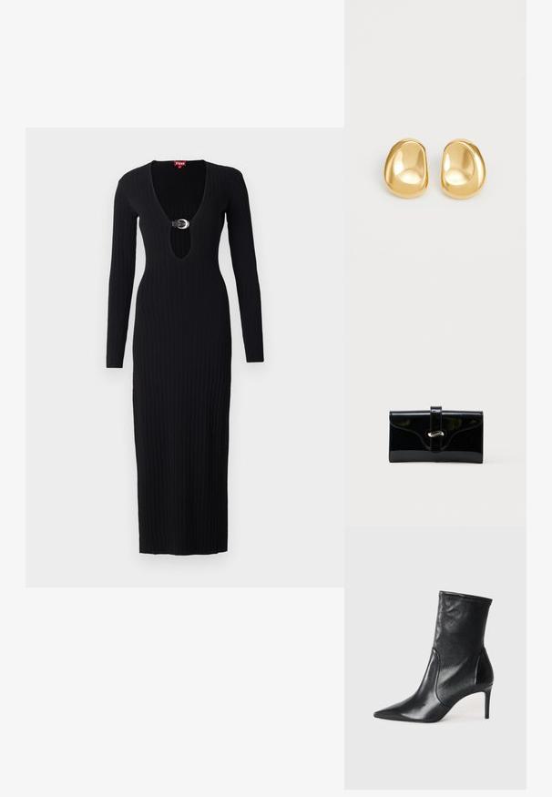 Robe en maille côtelée noire à manches longues, décolleté en V plongeant et accent en boucle circulaire à l'avant, présentant une coupe ajustée et un ourlet au sol.; Bottes noires à la cheville en cuir lisse, dotées d'un bout pointu, d'un tige ajustée et d'un talon haut fin. Design minimaliste sans quincaillerie visible.; Portefeuille rectangulaire brillant noir avec une sangle frontale et une fermeture à boucle en métal argenté, présenté sur un fond blanc uni.; Boucles d'oreilles en forme de clou de couleur or, avec une forme lisse et arrondie et une surface réfléchissante, mettant en avant un design minimaliste sans motifs visibles.