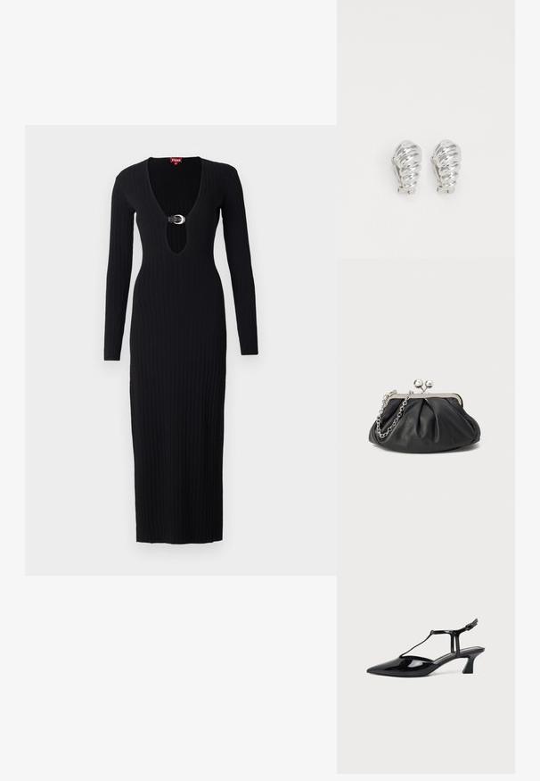 Vestido de punto negro acanalado con mangas largas, escote en V profundo y un acento de hebilla circular en el frente. Presenta una forma ajustada y un dobladillo que llega hasta el suelo.; Zapato slingback de cuero charol negro con punta fina, tira en T y tacón bajo en bloque inclinado sobre fondo blanco.; Clutch de cuero negro con textura arrugada, marco de metal en tono plateado, cierre de beso y cadena para colgar. Superficie suave y lisa.; Pendientes de clip plateados con un diseño en espiral, que presentan una textura metálica suave y formas redondeadas. Sin adornos ni patrones visibles.