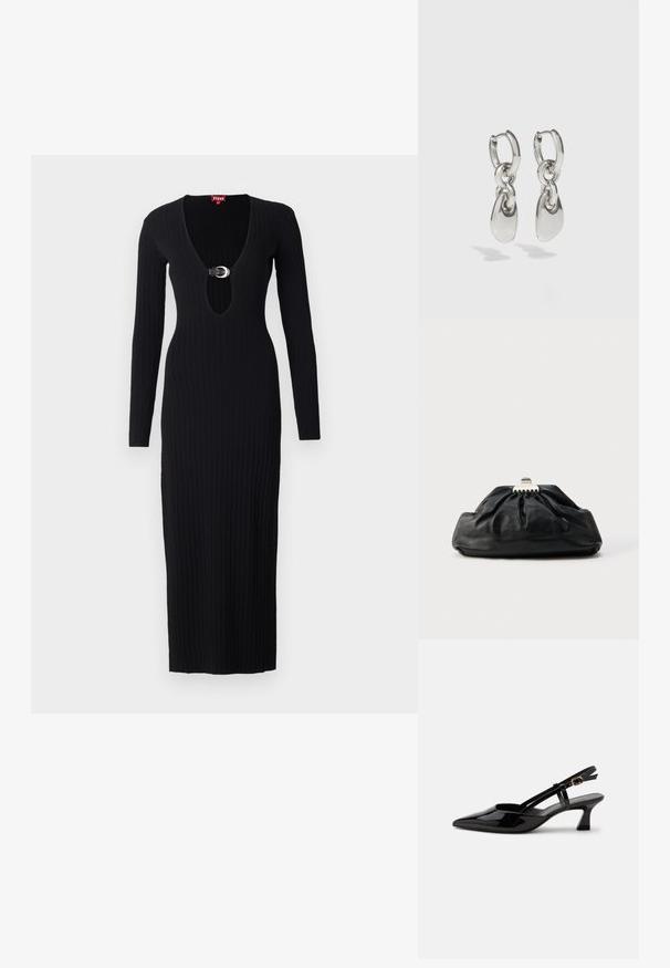 Vestido de punto negro acanalado con mangas largas, escote en V profundo y un acento de hebilla circular en el frente. Presenta una forma ajustada y un dobladillo que llega hasta el suelo.; Zapato slingback de charol negro con tacón bajo, punta puntiaguda y correa ajustable con hebilla dorada sobre fondo blanco.; Bolso de mano de cuero negro con textura recogida, cierre de broche metálico y logo en relieve sutil en el frente. Forma redondeada.; Pendientes de aro de plata con enlaces ovalados alargados, con un acabado pulido y un colgante con textura. Diseño sencillo con bordes suaves.