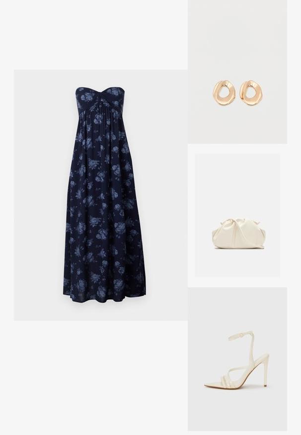 Vestido maxi sin tirantes en azul marino con estampado floral en azul, con busto fruncido y silueta fluida. Tejido suave con textura lisa.; Sandalias de tacón alto beige con punta estrecha, que cuentan con tres tiras frontales y una tira delgada en el tobillo con hebilla. Textura lisa, diseño minimalista.; Bolso de mano de cuero suave de color crema con diseño fruncido y plisado y una delgada correa para el hombro que descansa delante sobre un fondo liso.; Par de pendientes de aro de metal en tono dorado pulido, de forma irregular y con centro abierto, sobre un fondo blanco liso.