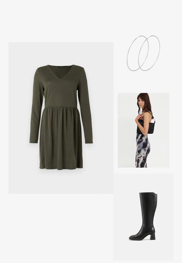 Grünes Langarmkleid mit V-Ausschnitt, figurbetontem Oberteil und geraffter Taille, hergestellt aus weichem, strukturiertem Stoff. Schlichtes Design ohne Muster.; Schwarzer kniehoher Lederstiefel mit Blockabsatz und abgerundetem Zeh, seitlich auf einem schlichten Hintergrund gezeigt.; Schwarze gesteppte Schultertasche mit einem einzelnen Riemen und silberner Hardware, kombiniert mit einem figurbetonten Kleid im Batikmuster in Schwarz- und Cremetönen.; Silberne Creolen mit minimalistischem Design. Rundform, glatte Oberfläche und dünnes Profil. Leichtgewichtig mit hochglänzender Oberfläche.