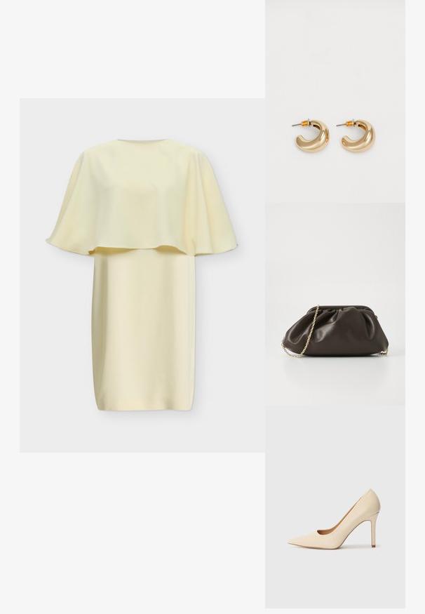 Robe crème mi-longue avec une cape ample qui s'étend sur les épaules et le haut des bras, avec un col rond.; Escarpin en cuir beige à talon haut avec un bout pointu et un détail découpé sur le côté, possédant un talon stiletto fin pour le soutien.; Sac à main en cuir marron avec un design froncé, une bandoulière en chaîne dorée et une finition douce et texturée. Sa forme compacte est idéale pour une utilisation en soirée.; Deux boucles d'oreilles en forme de cerceau en or brillant, avec un design courbé, présentant des accents orange près de la tige, sur fond blanc uni.