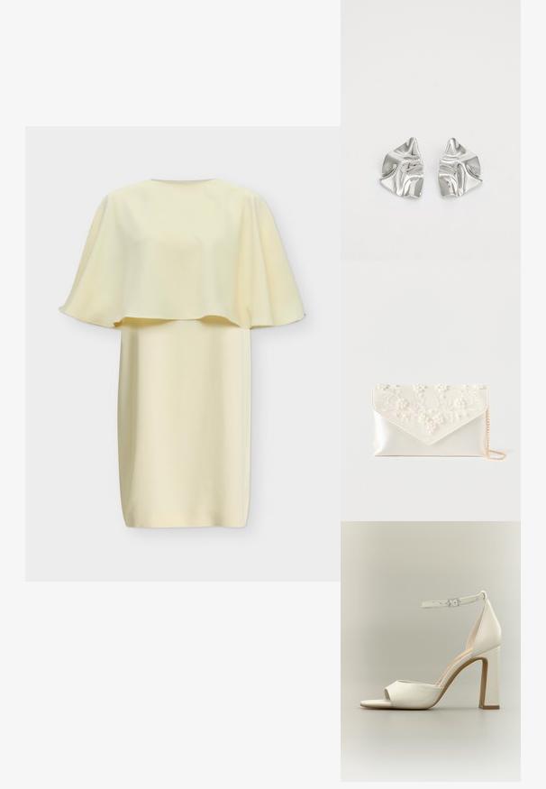 Robe crème mi-longue avec une cape ample qui s'étend sur les épaules et le haut des bras, avec un col rond.; Sandale blanche à talons hauts avec bride cheville, bout ouvert, semelle intérieure rembourrée et talon bloc sur fond neutre.; Pochette en satin crème avec broderie de perles et fleurs sur le rabat, et une fine chaîne dorée sur fond blanc.; Boucles d'oreilles en métal argenté avec un design ondulé et sculptural, présentant une finition polie et des formes irrégulières, mettant en valeur une esthétique contemporaine.