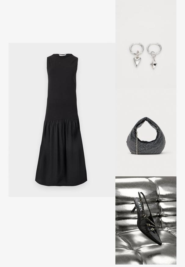 Robe midi noire sans manches avec un corsage ajusté et une jupe froncée et évasée sous la taille sur un fond uni.; Chaussure noire à talon ouvert avec un bout pointu, texture crocodile, clous dorés et accents de boucles, sur fond argenté brillant.; Sac à main en maille noire orné de clous en argent, avec une poignée incurvée et une bandoulière en chaîne. Texture douce avec une forme arrondie.; Boucles d'oreilles en argent en forme de créoles, ornées d'un cœur et d'un pendentif en forme de diamant. Texture lisse avec une finition polie.