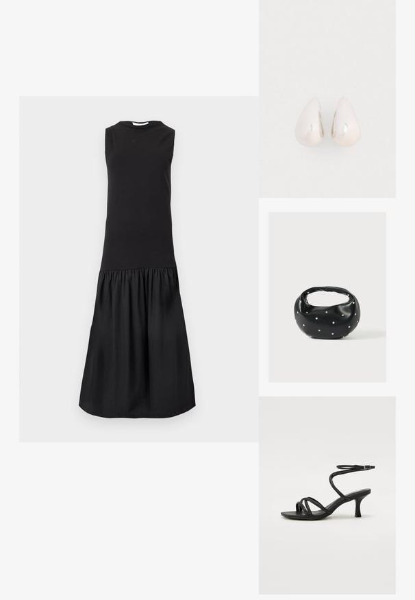 Robe midi noire sans manches avec un corsage ajusté et une jupe froncée et évasée sous la taille sur un fond uni.; Even&Odd Wide Fit Sandales - black; Sac à main en cuir noir de forme arrondie, décoré de clous argentés et équipé d'une poignée courte. Texture lisse et fermeture éclair.; Boucles d'oreilles en métal argenté en forme de goutte, avec une surface lisse et réfléchissante, présentant un design sans couture et sans embellissements visibles.