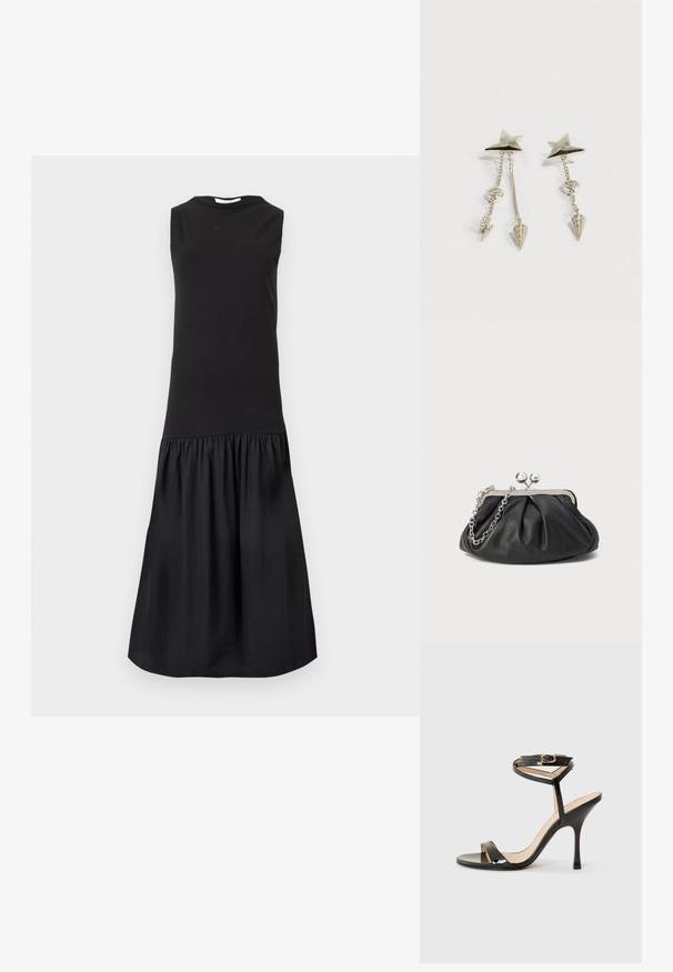 Robe midi noire sans manches avec un corsage ajusté et une jupe froncée et évasée sous la taille sur un fond uni.; Sandale à talons hauts en cuir verni noir avec une fine bride de cheville et une boucle, orteil ouvert et talon aiguille mince sur fond blanc.; Porte-monnaie en cuir noir avec texture froncée, cadre en métal argenté, fermeture à verrouillage kiss-lock et bandoulière en chaîne. Surface lisse et douce.; Boucles d'oreilles clous en forme d'étoile argentée avec deux chaînes pendantes ; une chaîne se termine par un charme éclair, l'autre par un cône pointu orné de pierres.