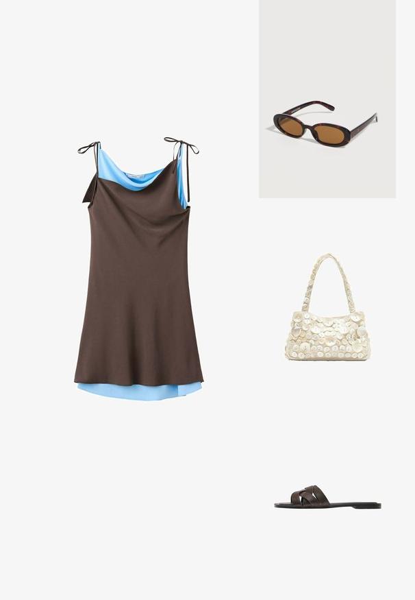 Robe marron sans manches avec doublure bleu clair et bretelles réglables à nouer sur fond blanc.; Sandale plate marron foncé avec trois larges brides en cuir croisées et une semelle fine.; Lunettes de soleil ovales en écaille avec des verres teintés marron et des branches fines reposant sur une surface blanche.; Petit sac à main crème avec plus de 50 boutons blancs de tailles variées couvrant le devant et la poignée sur un fond blanc uni.