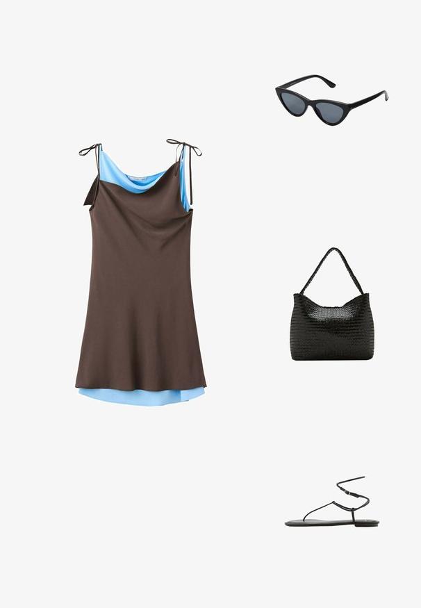 Robe marron sans manches avec doublure bleu clair et bretelles réglables à nouer sur fond blanc.; Sandale plate noire avec fines brides et fermeture à boucle autour de la cheville, design minimaliste, vue de côté sur fond blanc.; Lunettes de soleil noires en forme d'œil de chat avec des verres gris foncé, monture en plastique élégante, coins pointus et branches droites. Pas de métal visible ni d'accents.; Sac bandoulière en cuir noir tressé avec une lanière unique tressée et une forme douce et rectangulaire arrondie.