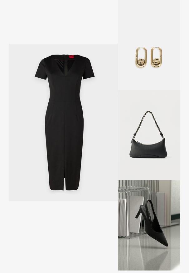 Schwarzes, tailliertes Kleid mit kurzen Ärmeln, V-Ausschnitt, Schlitz vorne und strukturiertem Design. Hergestellt aus glattem, dehnbarem Stoff. Etikett sichtbar.; Schwarzer, spitz zulaufender Slingback-Pumps mit hohem Absatz, schwebt in der Luft über einem glänzenden Boden, im Hintergrund gestapelte Ordner.; Schwarze Lederschultertasche mit gewölbter rechteckiger Form, goldener Kette, die in den geflochtenen schwarzen Riemen eingewebt ist, und Reißverschlussverschluss oben.; BOSS DOUBLE B SWING - Ohrringe - gold-coloured