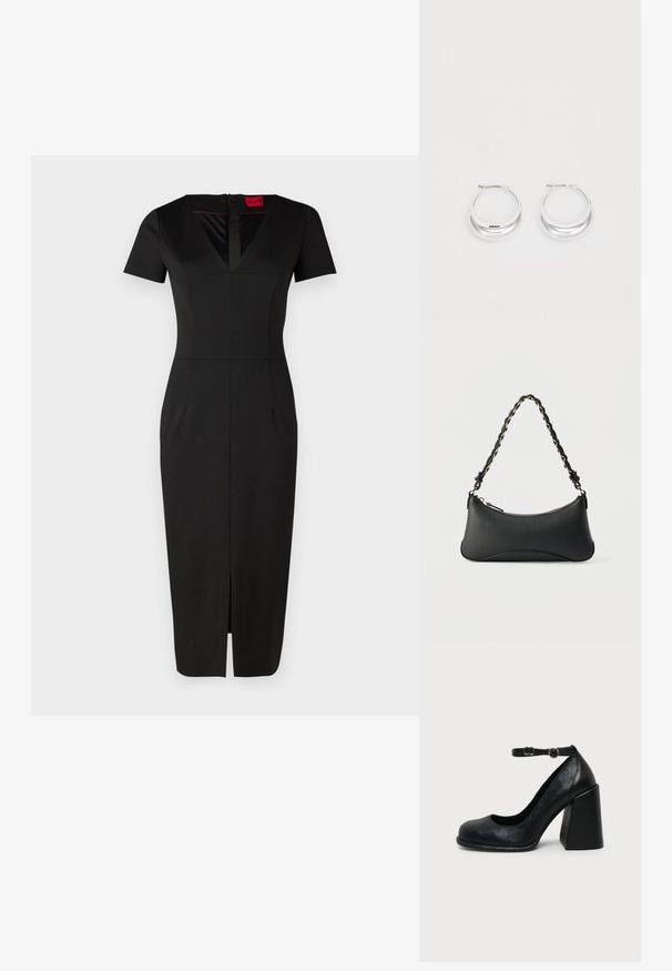 Schwarzes, tailliertes Kleid mit kurzen Ärmeln, V-Ausschnitt, Schlitz vorne und strukturiertem Design. Hergestellt aus glattem, dehnbarem Stoff. Etikett sichtbar.; Schwarzer Leder-Pumps mit abgerundetem Zehenbereich und verstellbarem Knöchelriemen mit goldener Schnalle auf schlichter heller Hintergrundfläche.; Schwarze Lederschultertasche mit gewölbter rechteckiger Form, goldener Kette, die in den geflochtenen schwarzen Riemen eingewebt ist, und Reißverschlussverschluss oben.; Silberne Creolen mit glänzender Oberfläche und DKNY-Logo, vor einem schlichten weißen Hintergrund präsentiert.