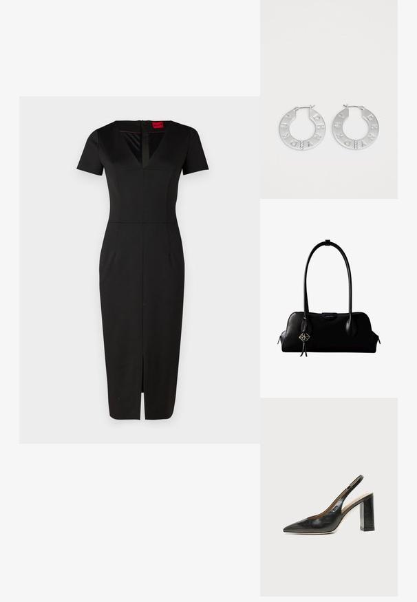Sort tætsiddende kjole med korte ærmer, V-udskæring, slids foran og struktureret design. Fremstillet af glat, strækbart stof. Etiket synlig.; Sort læder peep-toe slingback sko med høj blokhæl og beige indvendig foring mod en ensfarvet lys baggrund.; Sort lædertaske fra Calvin Klein med lange håndtag, en forside-logo-tag og en sølv geometrisk vedhæng, der hænger fra det ene håndtag.; Sølv hoops øreringe med indgraverede bogstaver "DKNY," og tre klare ædelstene, der fremhæver designet. Cirkulær form med glansfuld finish.