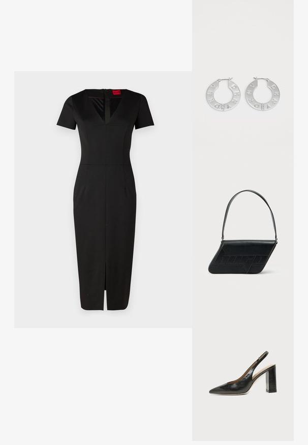 Zwart aansluitend jurkje met korte mouwen, V-hals, een split aan de voorkant en gestructureerd ontwerp. Gemaakt van een gladde, rekbare stof. Etiket zichtbaar.; Zwarte leren slingback schoen met spits toelopend neusje, hoge blokhak en beige binnenvoering tegen een effen lichte achtergrond.; Zwarte leren schoudertas met een driehoekige vorm, geperst logo en een enkele verstelbare riem. Minimalistisch ontwerp met een gladde textuur.; Zilveren oorbellen in de vorm van een ring met gegraveerde letters "DKNY," versierd met drie heldere edelstenen. Cirkelvormig ontwerp met een glanzende afwerking.