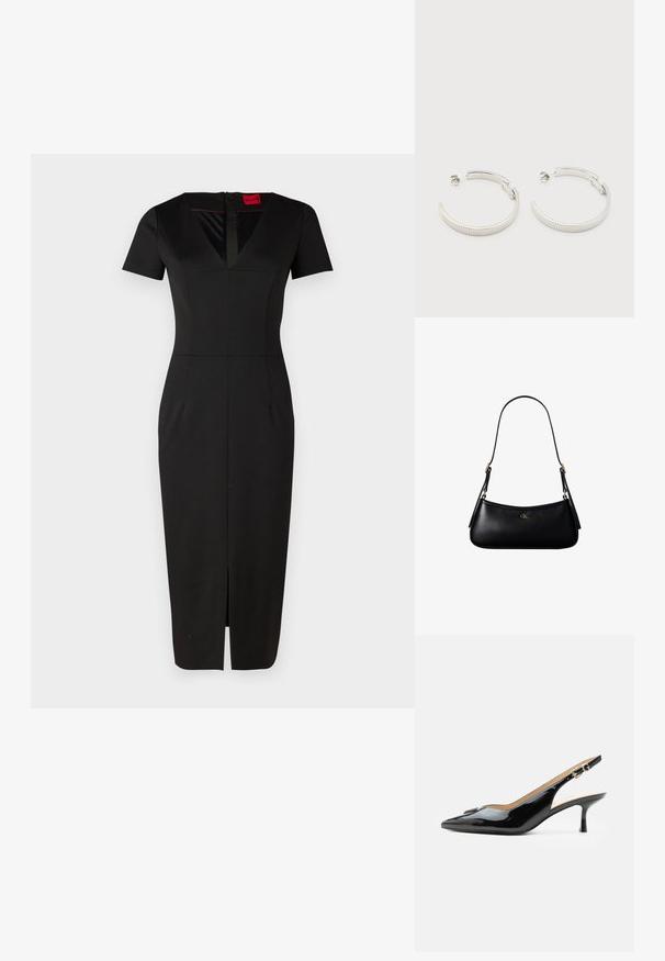 Schwarzes, tailliertes Kleid mit kurzen Ärmeln, V-Ausschnitt, Schlitz vorne und strukturiertem Design. Hergestellt aus glattem, dehnbarem Stoff. Etikett sichtbar.; Schwarzer Pumps mit Riemchen aus Lackleder, spitz zulaufender Zehenpartie, kleinem Kitten-Heel und silberner Schnalle auf weißem Hintergrund.; Schwarze kleine Lederschultertasche mit dünnem Riemen und kleinem goldenem CK-Logo auf der Vorderseite in der Mitte.; Ohrstecker in Silberoptik, halbkreisförmig mit geriffelter Textur und Steckverschlüssen, auf weißem Hintergrund.