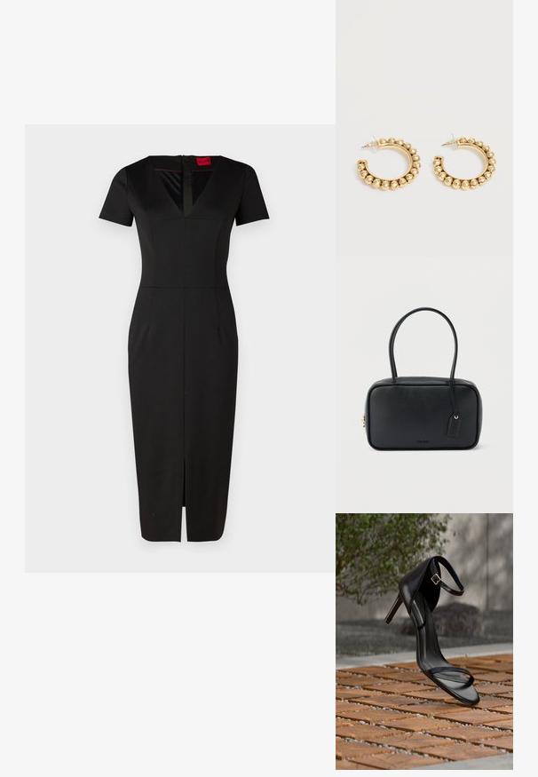 Vestido negro ajustado con mangas cortas, escote en V, abertura frontal y diseño estructurado. Fabricado con tejido suave y elástico. Etiqueta visible.; Sandalia negra de tacón alto con correa en el tobillo, parece suspendida sobre un suelo de baldosas de madera al aire libre, con un fondo difuminado de vegetación y piedra.; Bolso rectangular negro con asas dobles redondeadas, cremallera dorada y logo "HUGO" en relieve en el frente con etiqueta de cuero adjunta.; Par de pendientes de aro en tono dorado con detalles de cuentas redondeadas a lo largo del borde exterior sobre un fondo claro.