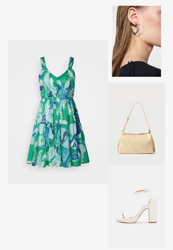 Vestido sin mangas con escote en V, falda en capas, con un patrón floral en verde, azul y púrpura sobre una tela ligera.; Sandalias de tacón alto blancas con correa en el tobillo, diseño minimalista, punta abierta, tacón cuadrado y textura de cuero suave.; Bolso de hombro beige rectangular con correa ajustable y cierre de cremallera, con un pequeño logo "Anna Field" en el centro frontal.; Pendiente de aro de plata con un acabado pulido, que presenta pequeños detalles en dorado y una forma redonda, llevado en el lóbulo.