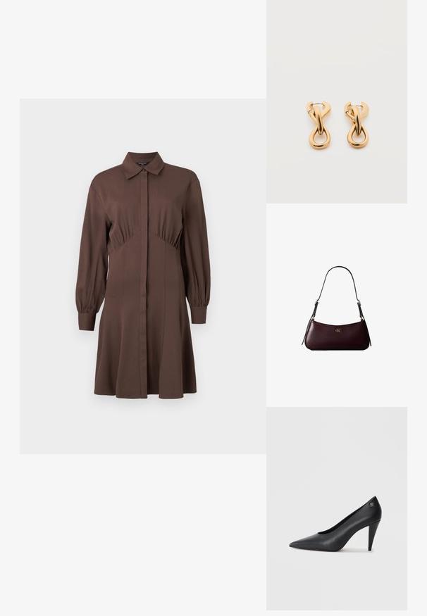 Brun skjortekjole lavet af blødt materiale, med forreste knaplukning, lange pufærmer og en tætsiddende talje med samlede detaljer.; Sort læder højhælede pumps med spids tå, slankt design og en subtil guldlogo accent på hælen, der har en glat tekstur.; Mørk bordeaux læderhåndtaske med en tynd sort skulderrem og lille gyldent "cK" logo foran i midten.; Par af skinnende guldfarvede hoop-øreringe med snoet, flettet design på en enkel hvid baggrund.