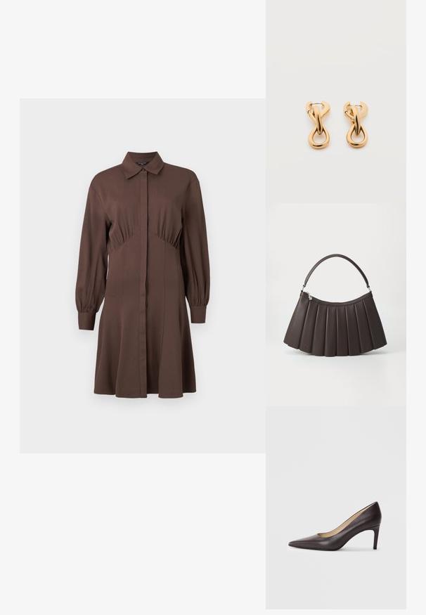 Bruine shirtjurk van zacht materiaal, met een sluiting aan de voorkant met knopen, lange pofmouwen en een aansluitende taille met geplooide details.; Bruine leren pumps met een spits toelopende neus en een slanke hak van 7 cm, met een glad oppervlak en minimalistisch ontwerp. Zonder zichtbare versieringen.; Bruine, geplooide handtas met een gebogen bovenkant, platte onderkant en een kort handvat. Gemaakt van glad materiaal met subtiele merkdetails.; Een paar glanzende oorringen in goudkleur met een lusvormige, gedraaide en verstrengelde ontwerp, afgebeeld op een eenvoudige witte achtergrond.