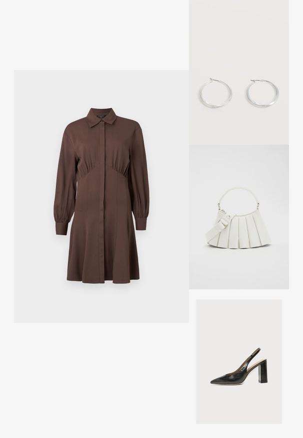 Brun skjortekjole lavet af blødt materiale, med forreste knaplukning, lange pufærmer og en tætsiddende talje med samlede detaljer.; Sort læder kvindesko med slingback, spids tå og tyk blokhøj hæl på hvid baggrund.; Lacoste LENGLEN BAG - Håndtasker - cristalline; Sølvfarvede metaloorringe med glat, let buet overflade og låsemekanisme på en ensfarvet hvid baggrund.